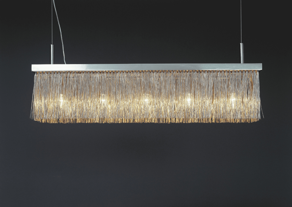 Modern Broom Hanging Lamp with silver-toned frame and sparkling metallic strands