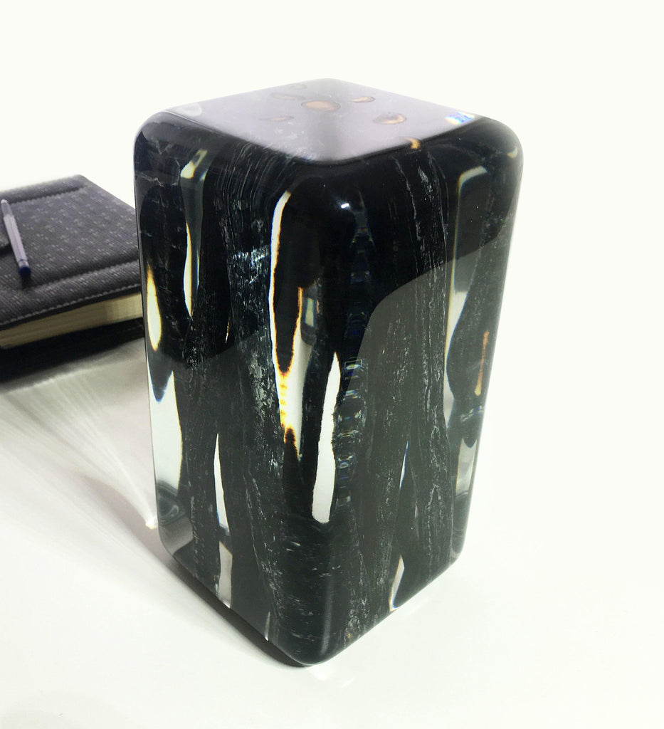 Polished black stone Burnt Branches Cube with white and brown natural striations