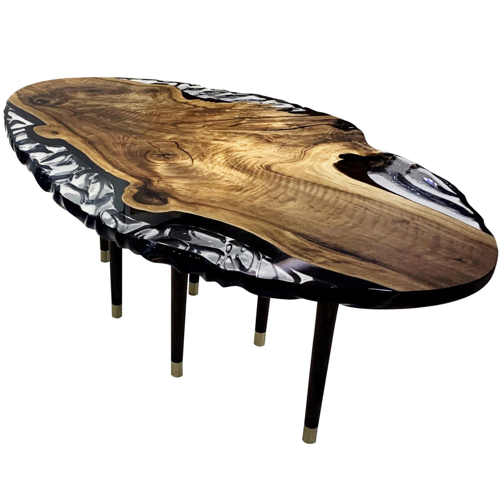 Calabria Walnut Wood Wavy Dining Table with live-edge wood, dark legs, and brass tips