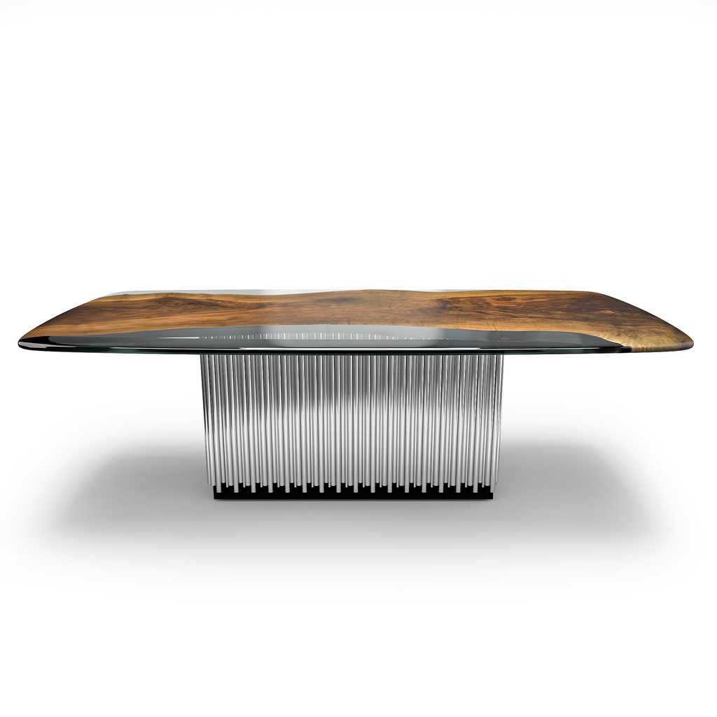 Evohe Walnut Wood Dining Table with live-edge wooden top and silver rod base