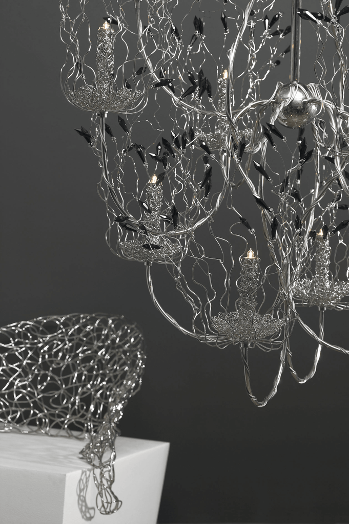 Spirits Chandelier Round with intricate silver wire design and black accents