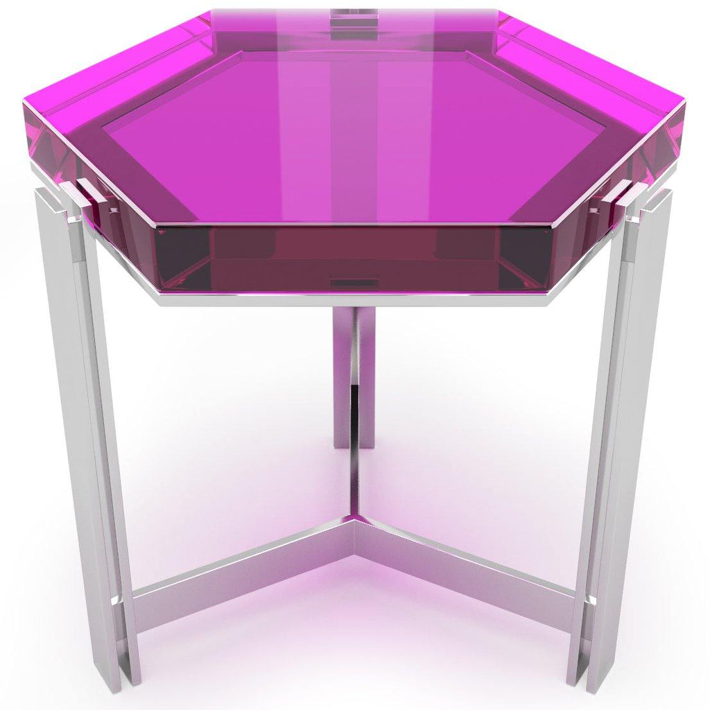 candy hexagonal coffee table, modern coffee table, contemporary coffee table, fuchsia resin coffee table, chrome base coffee table, playful luxury coffee table