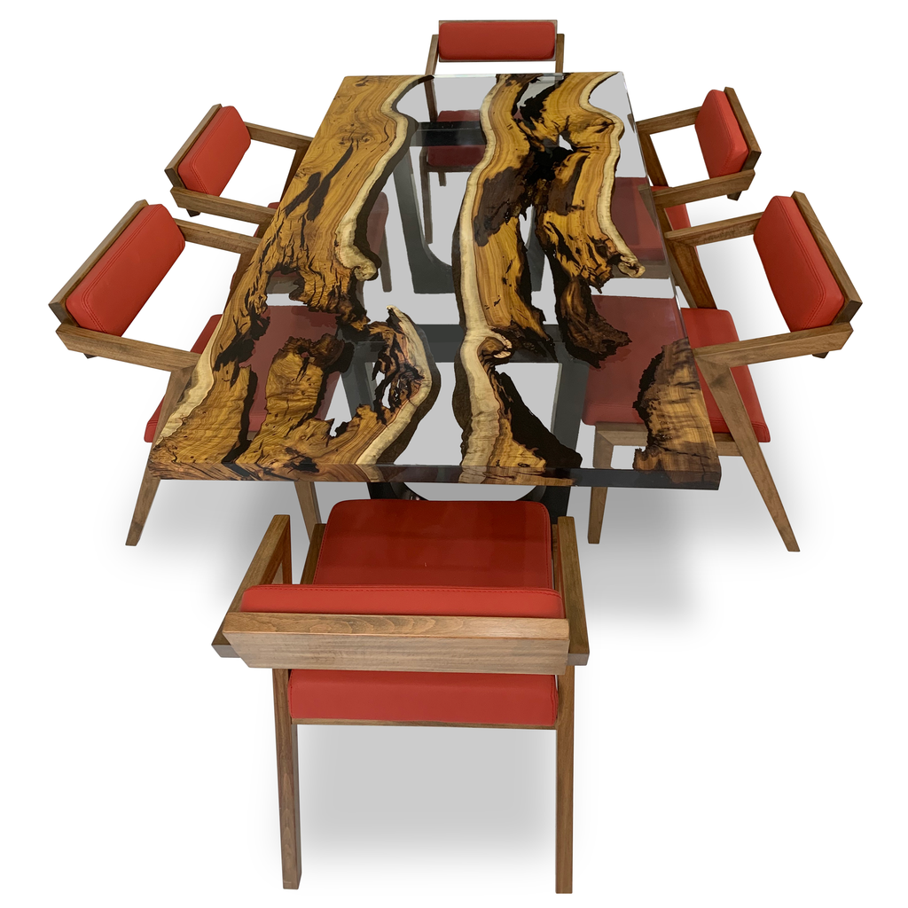 Carna Hackberry Wood Dining Table with live-edge top and red cushioned chairs