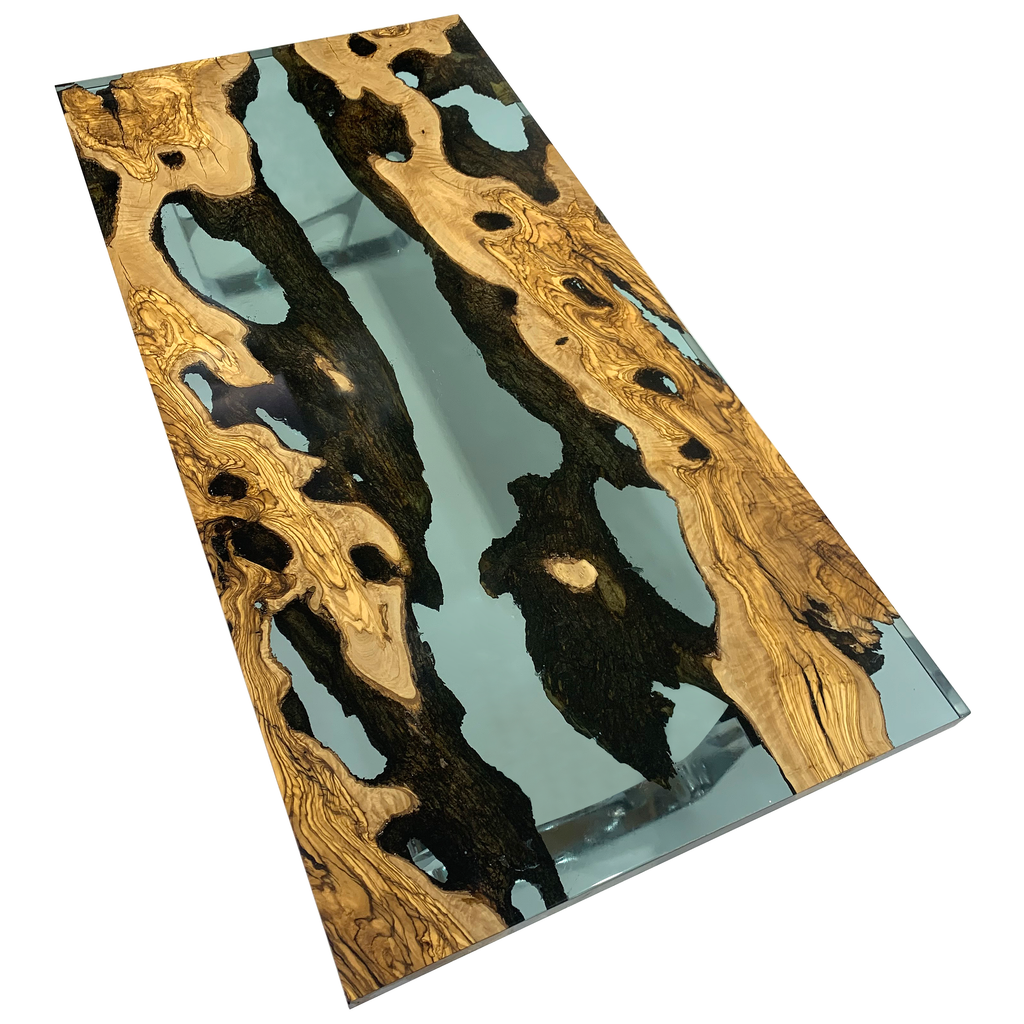 Celadon Ombrone Olive Wood Coffee Table with light blue resin river and live-edge olive wood