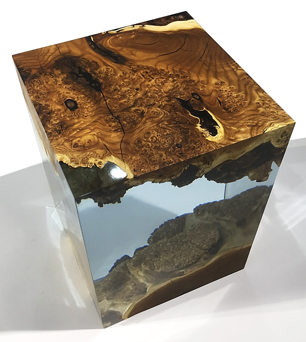 Chandelier End Table with transparent resin cube, natural wood burl top, and embedded wood and rock formations for a unique end table accent