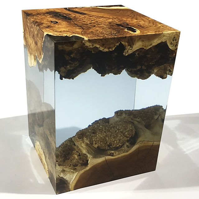 Chandelier End Table featuring clear resin and wood burl design for stylish end table use