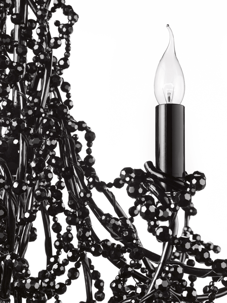 Black beaded Coco Chandelier Conical with candle-style light bulb for elegant lighting