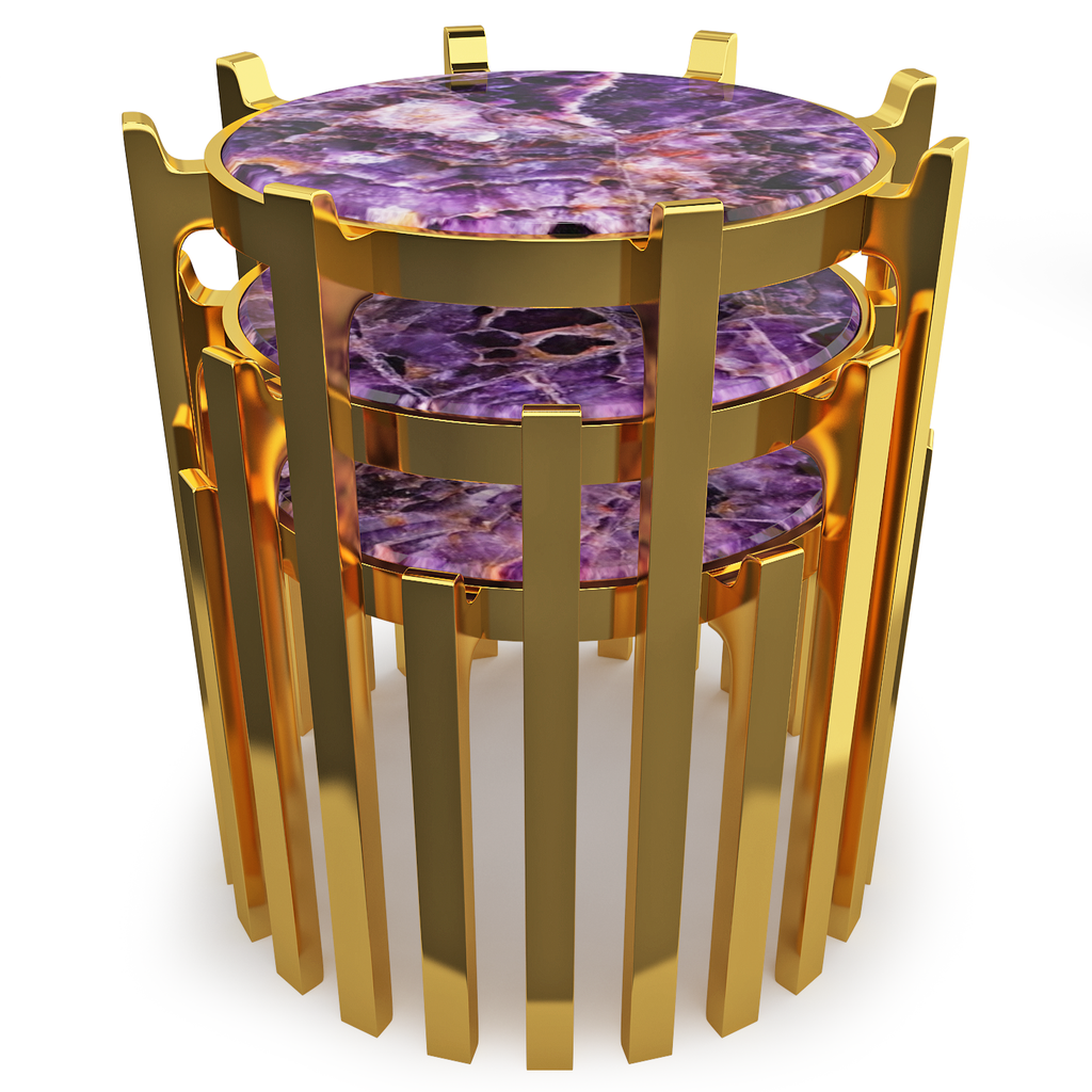 Crown Triple End Tables with gold polished bases and purple Amethyst tops