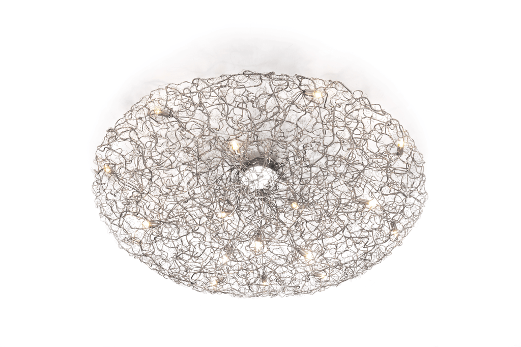 Crystal Waters Ceiling Lamp Round with tangled wire mesh design and illuminated bulbs