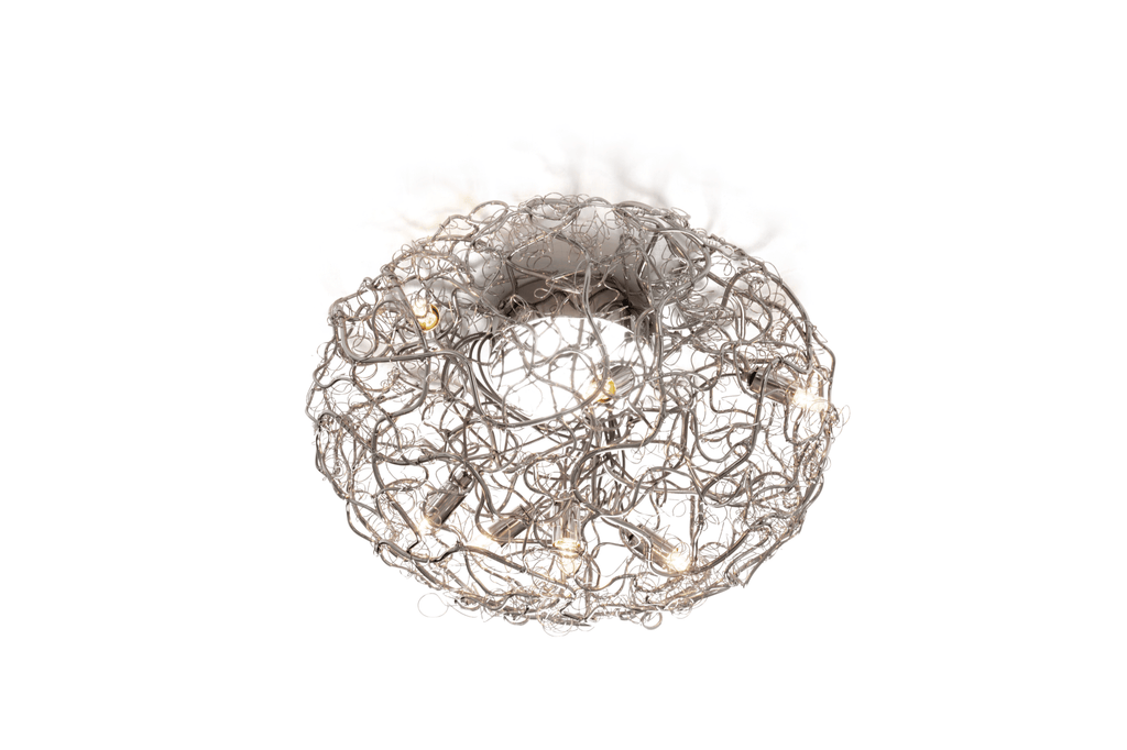Modern silver wire mesh Crystal Waters Ceiling Lamp Round with multiple exposed bulbs