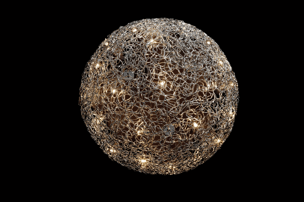Crystal Waters Ceiling Lamp Round with intertwined metallic wires and glowing bulbs