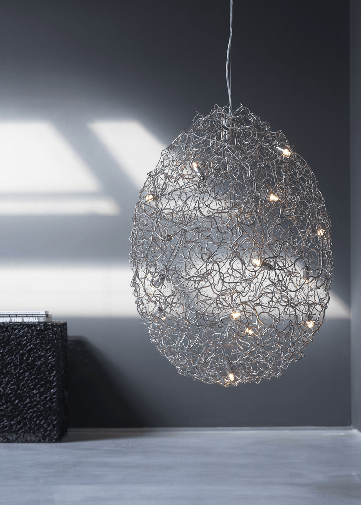 Crystal Waters Hanging lamp with egg-shaped silver wire mesh design and glowing bulbs