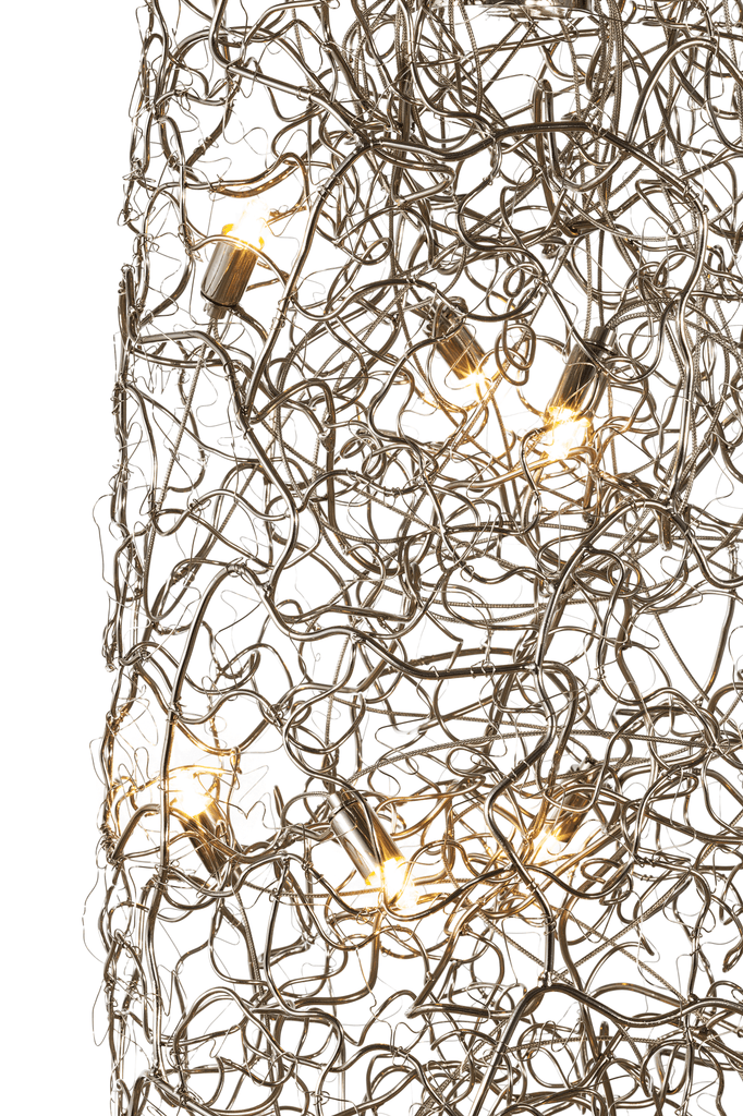 Crystal Waters Hanging Lamp Drop with modern wire mesh lampshade and glowing bulbs