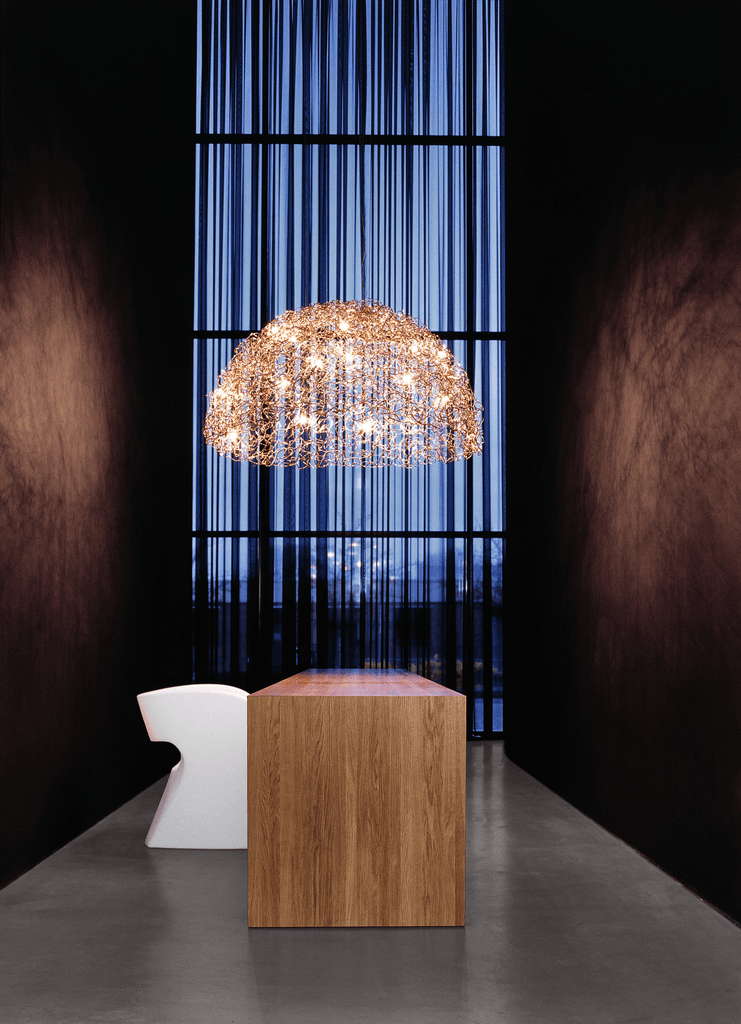 Crystal Waters Hanging Lamp Hood featuring a sparkling dome chandelier with small lights and chains