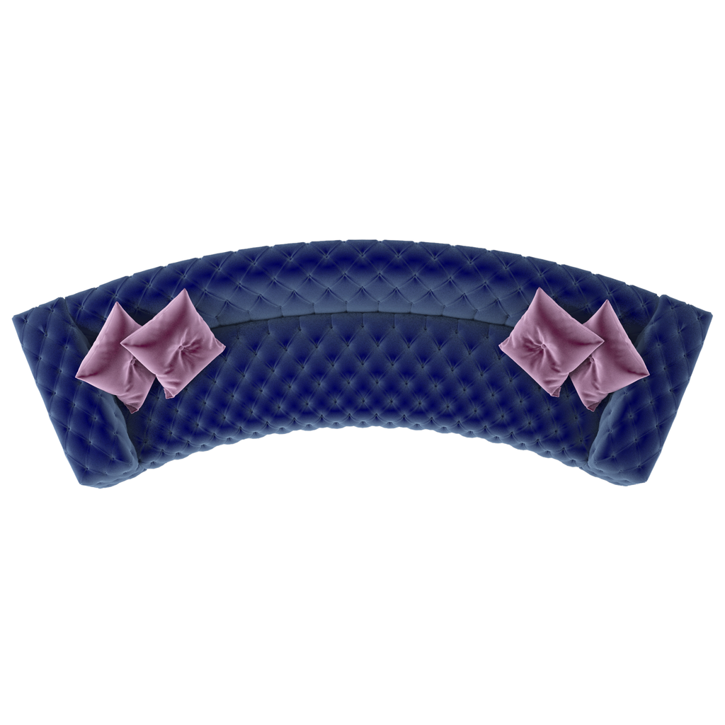 Curved sofa with blue tufted velvet upholstery and four pink throw pillows