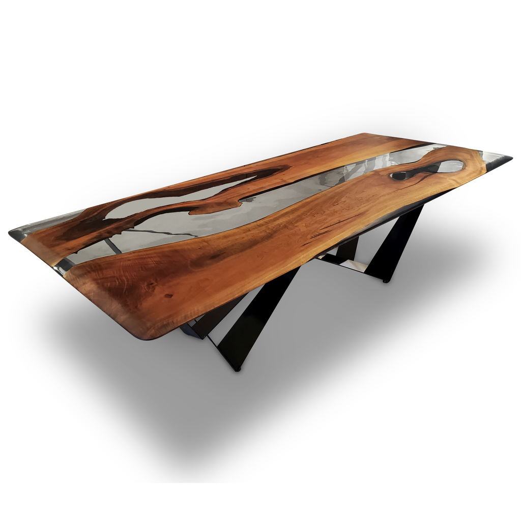 Live edge wood and resin Danube Walnut Dining Table with black metal base