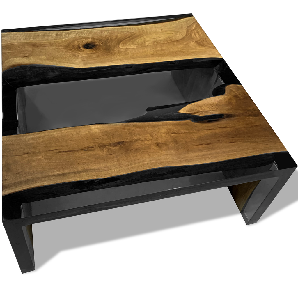 Live-edge dark waterfall Walnut Wood Coffee Table with black resin accents