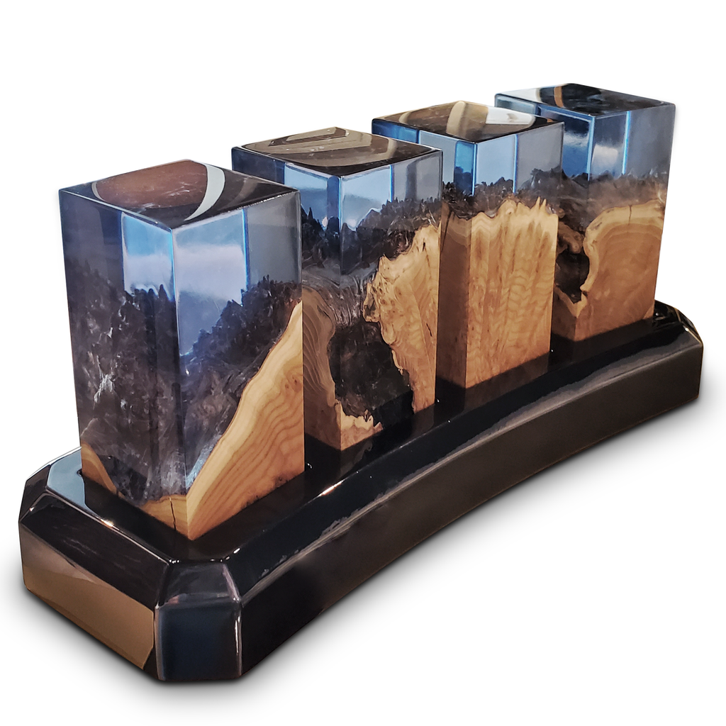 Deep Ocean Cubes with Base featuring four resin-encased ocean cubes on black display