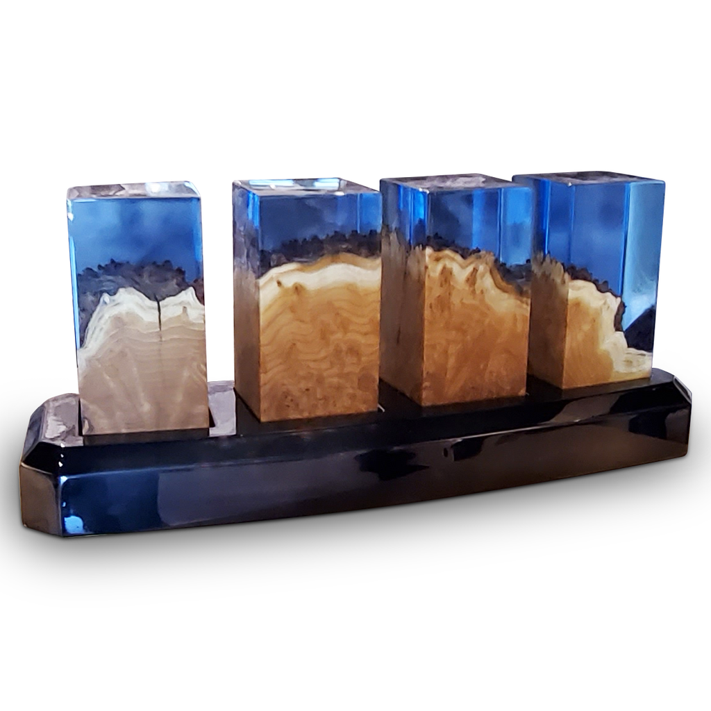 Deep Ocean Cubes with Base featuring resin and wood blocks in blue and brown design