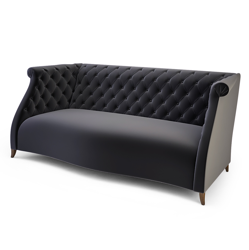 Dark grey velvet Delano Sofa with diamond tufting rolled arms and wooden legs