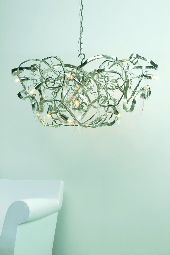 Modern silver Delphinium Chandelier Oval with intricate winding metalwork and exposed bulbs