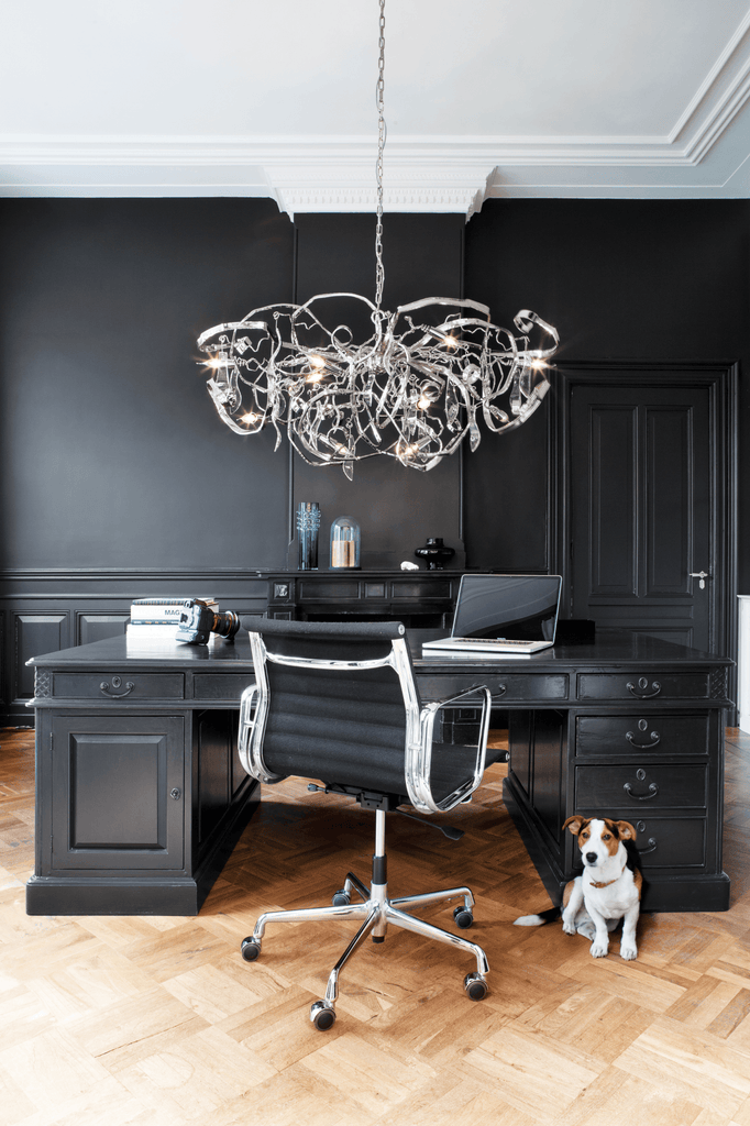 Delphinium Chandelier Oval: Modern ornate silver chandelier with clear crystals