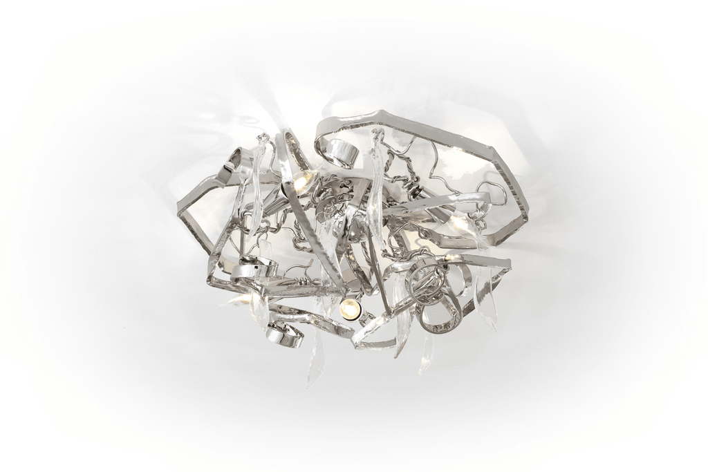Delphinium Chandelier Round with modern abstract design, clear and silver-toned elements