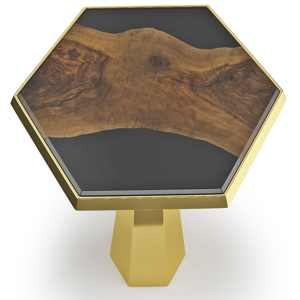 Despoina Walnut Wood Hexagonal End Table with live-edge wood and gold frame
