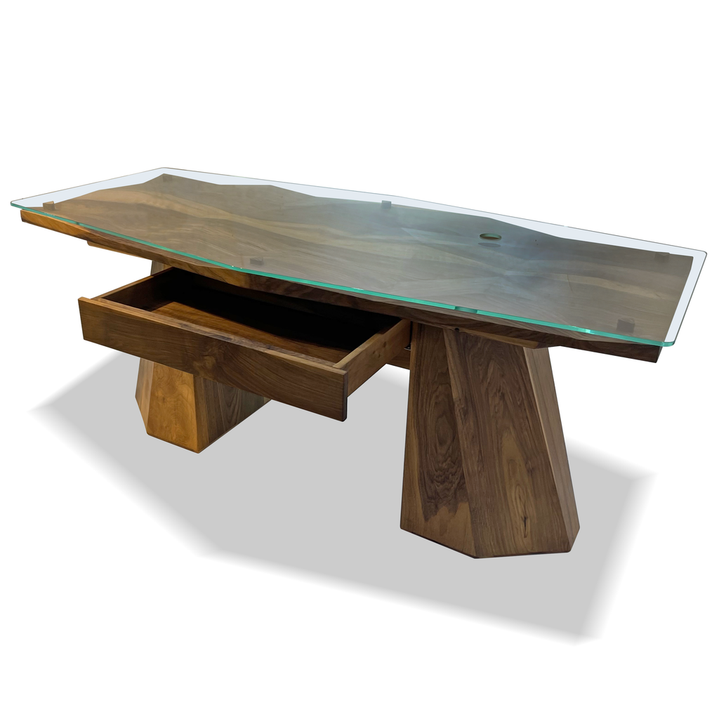 Diamond Deluxe Walnut Office Desk with live-edge wood console and glass top