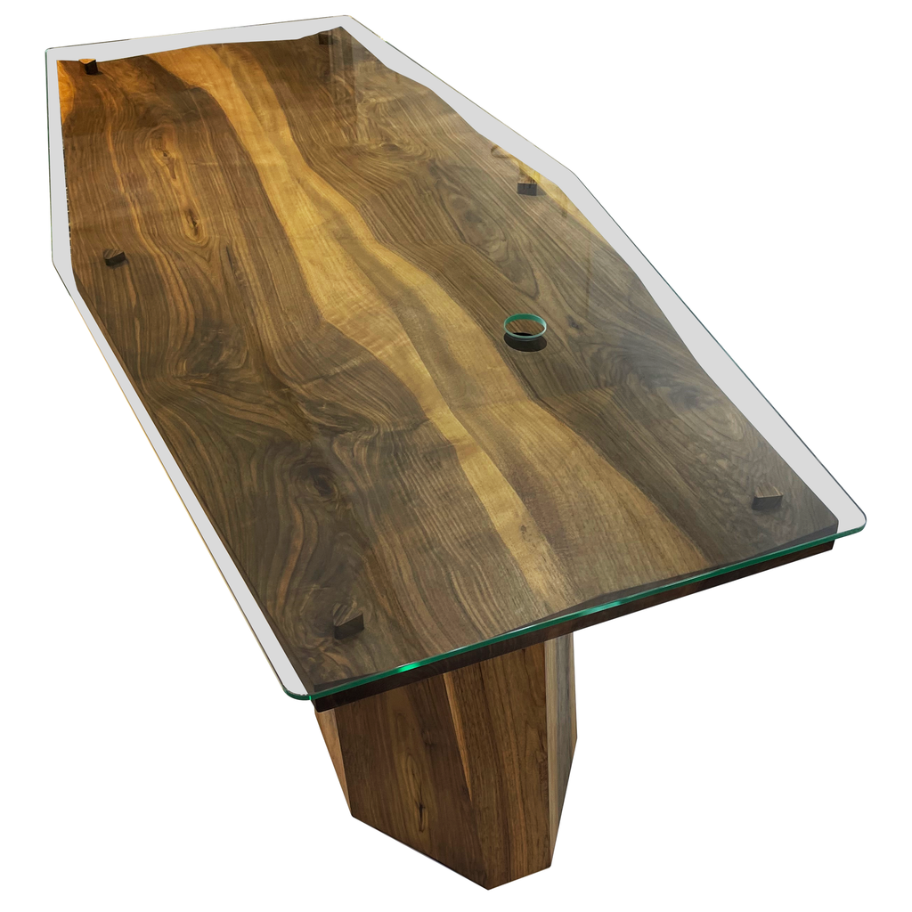 Modern wood and glass dining table with live-edge base from Diamond Deluxe Walnut Office Desk