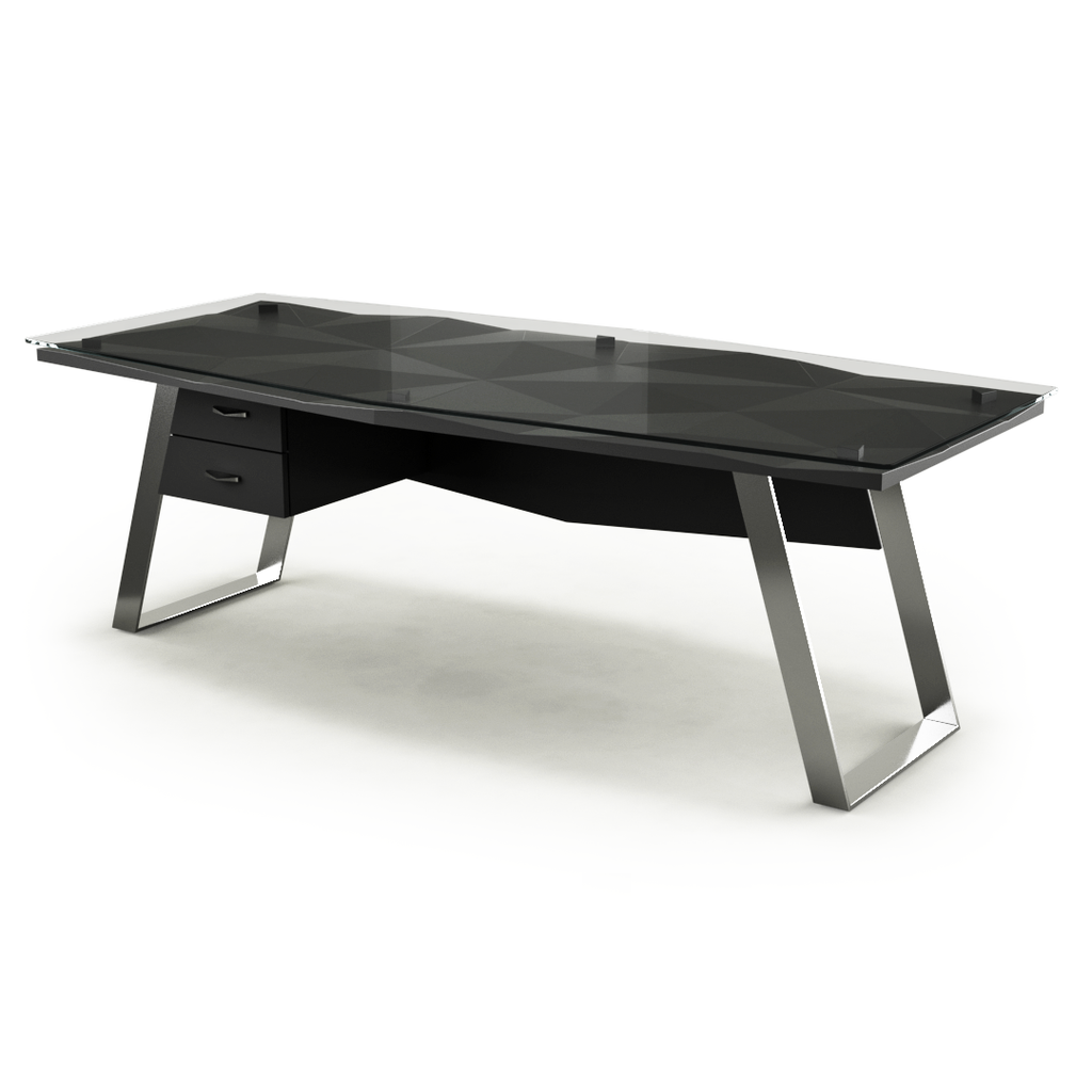 Modern black Diamond Home Office Desk with glass top and polished metal legs