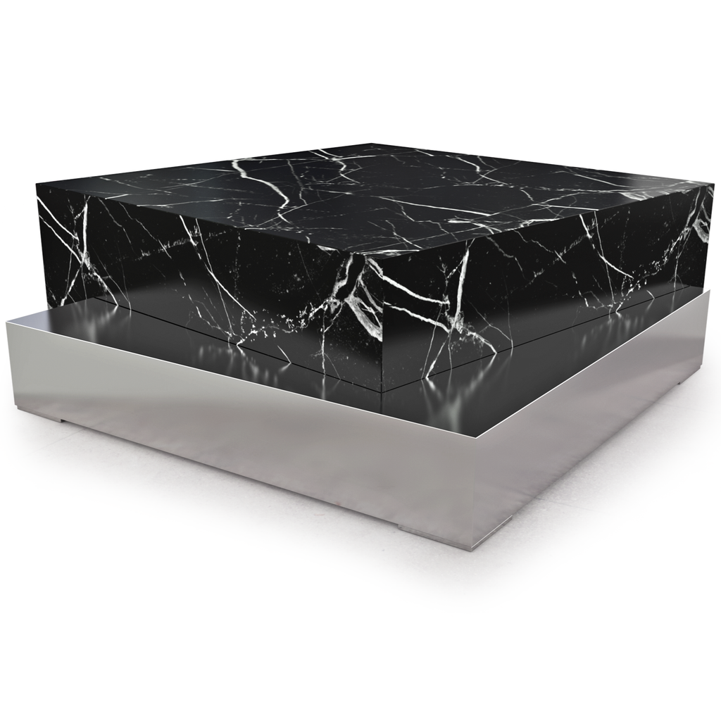 Docimium marble coffee table with black marble top, white veining, and silver base