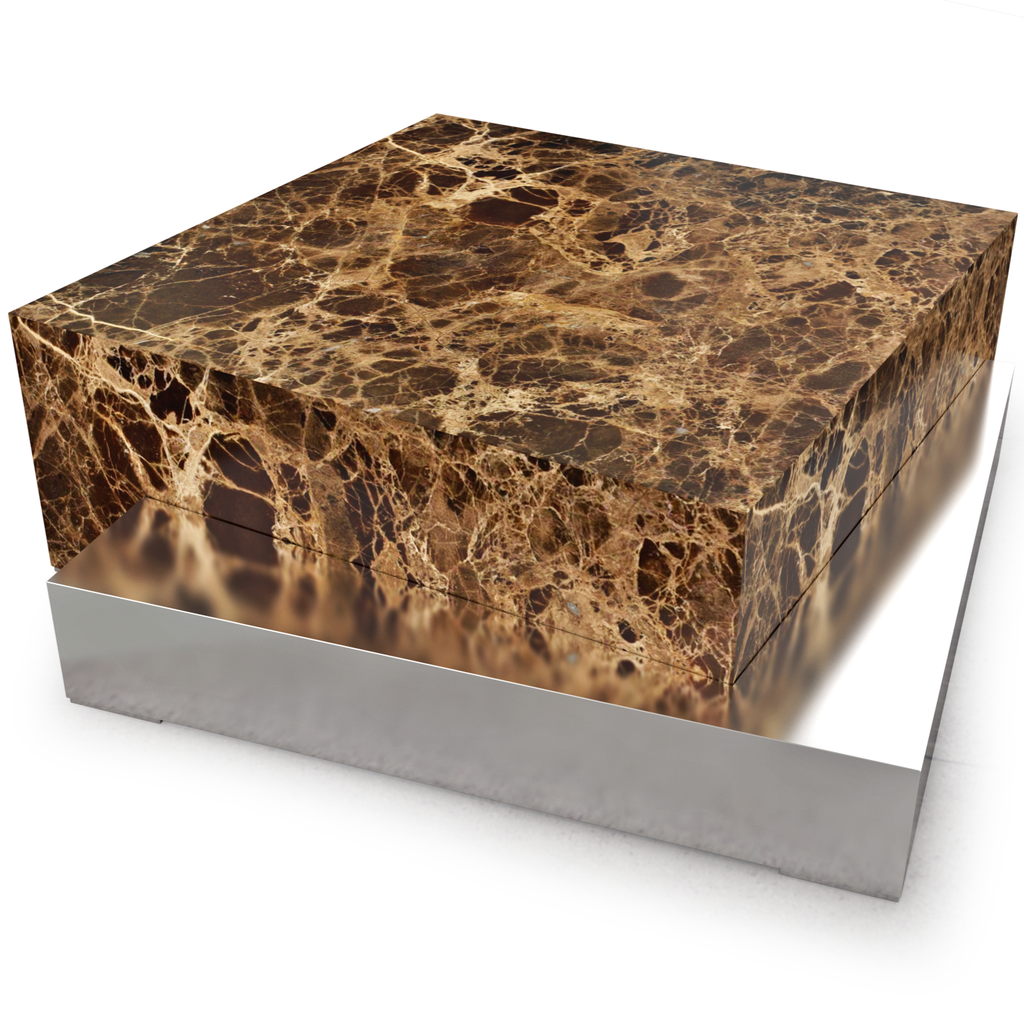 Docimium marble coffee table with dark brown marble top and silver base