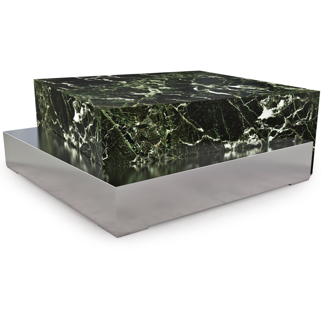 Docimium marble coffee table with green marble top and silver-toned metal base
