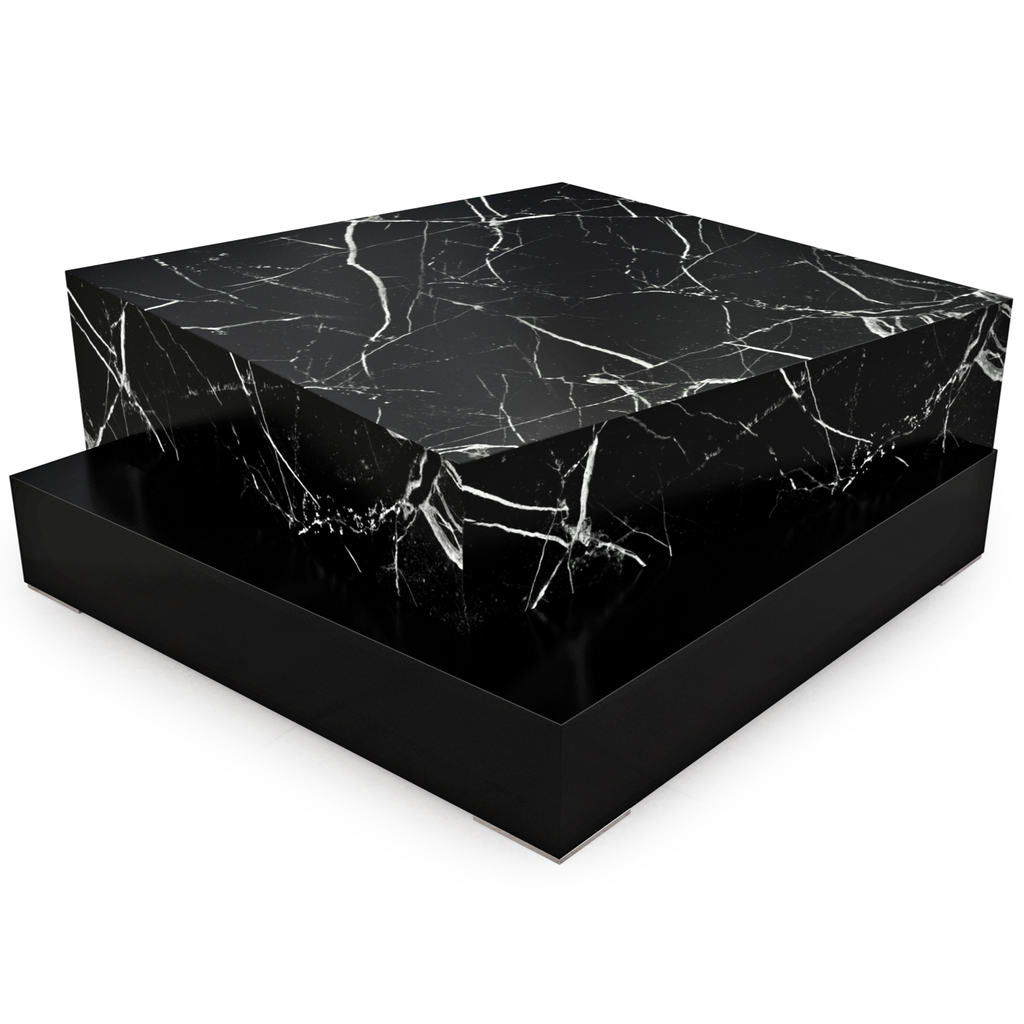 Docimium marble coffee table with two-tiered square black marble with white veining