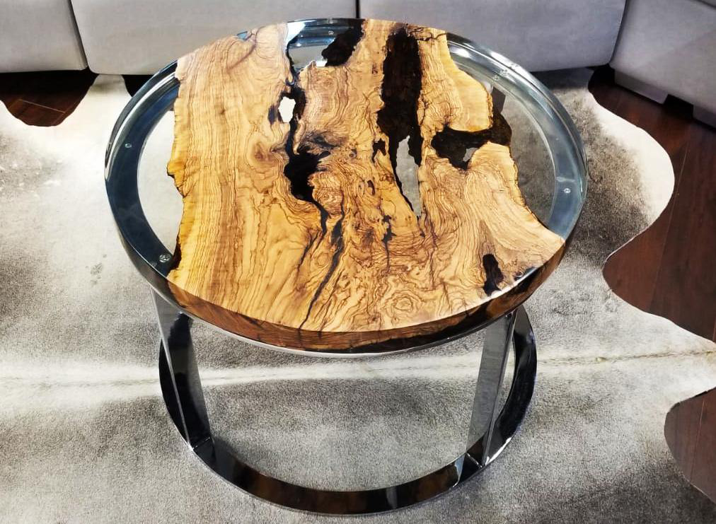 Dodona Olive Wood Coffee Table with live-edge wood slab and clear resin top