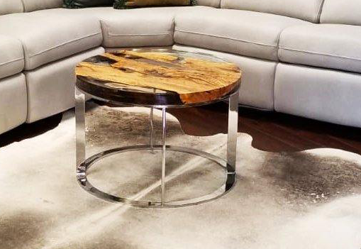 Dodona Olive Wood Coffee Table with natural wood and resin top and polished metal base