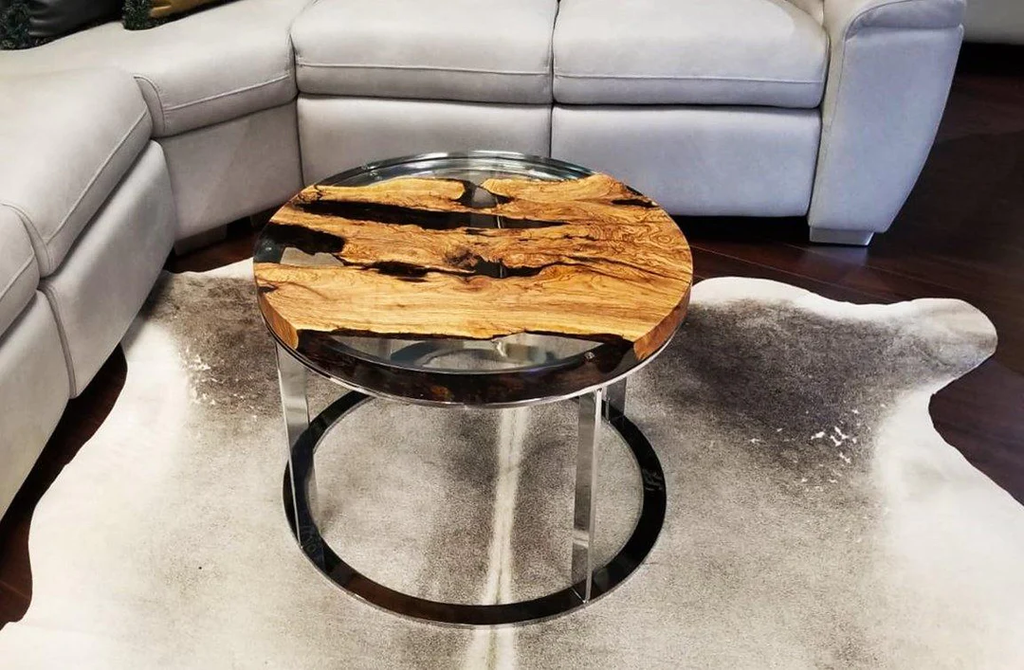 Dodona Olive Wood Coffee Table with natural wood, resin top, acrylic and chrome base