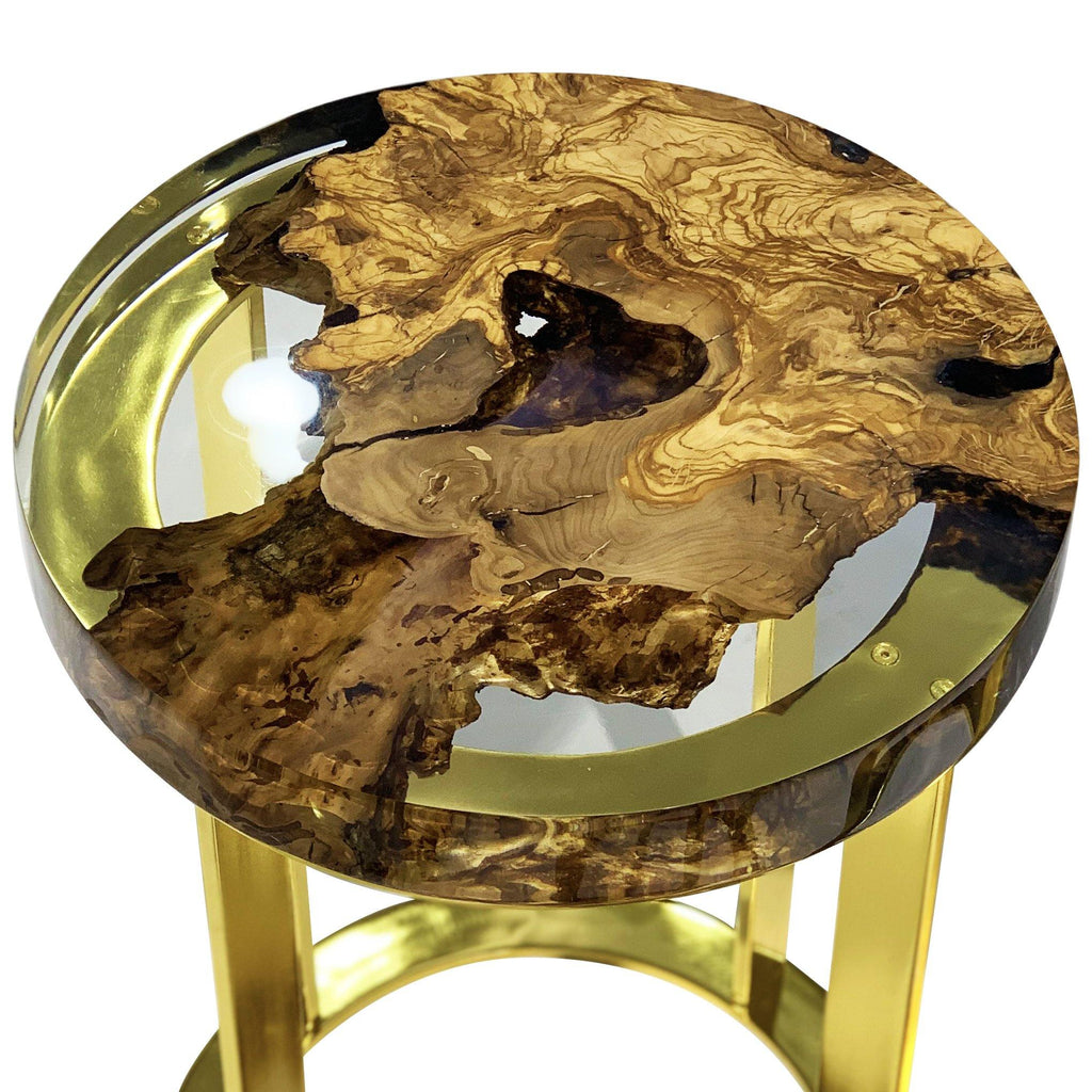 Dodona Olive Wood End Table with round epoxy resin top and golden metal base