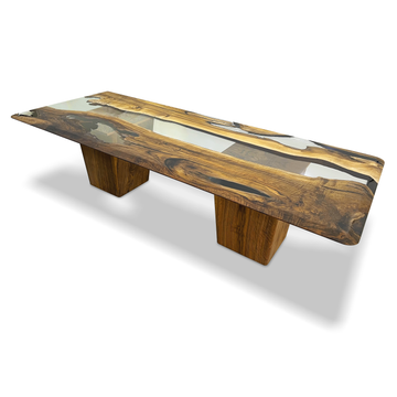 doris walnut wood dining table, modern dining table, walnut wood dining table, resin dining table, wood veneer base, natural walnut wood, ghost white resin, glossy resin, walnut furniture, resin furniture, wood veneer furniture, dining room furniture, luxury furniture