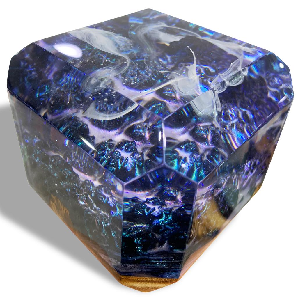 Translucent Dream Space Blue Cube resin art with swirling white purple patterns and honeycomb core