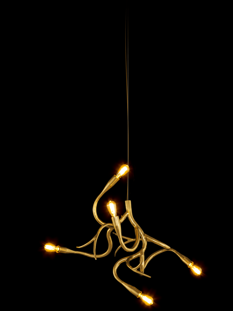 Edisons Tail Element 1 ornate gold-colored chandelier with exposed bulbs and tangled branch design