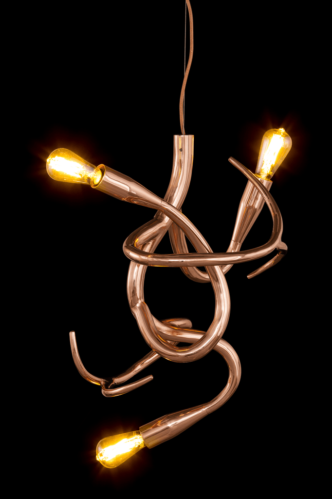 Edisons Tail Element 2 modern copper-colored chandelier with exposed Edison bulbs