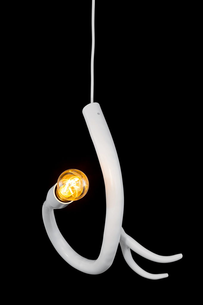 Edisons Tail Element 4 organic white pendant light fixture with amber glow bulb