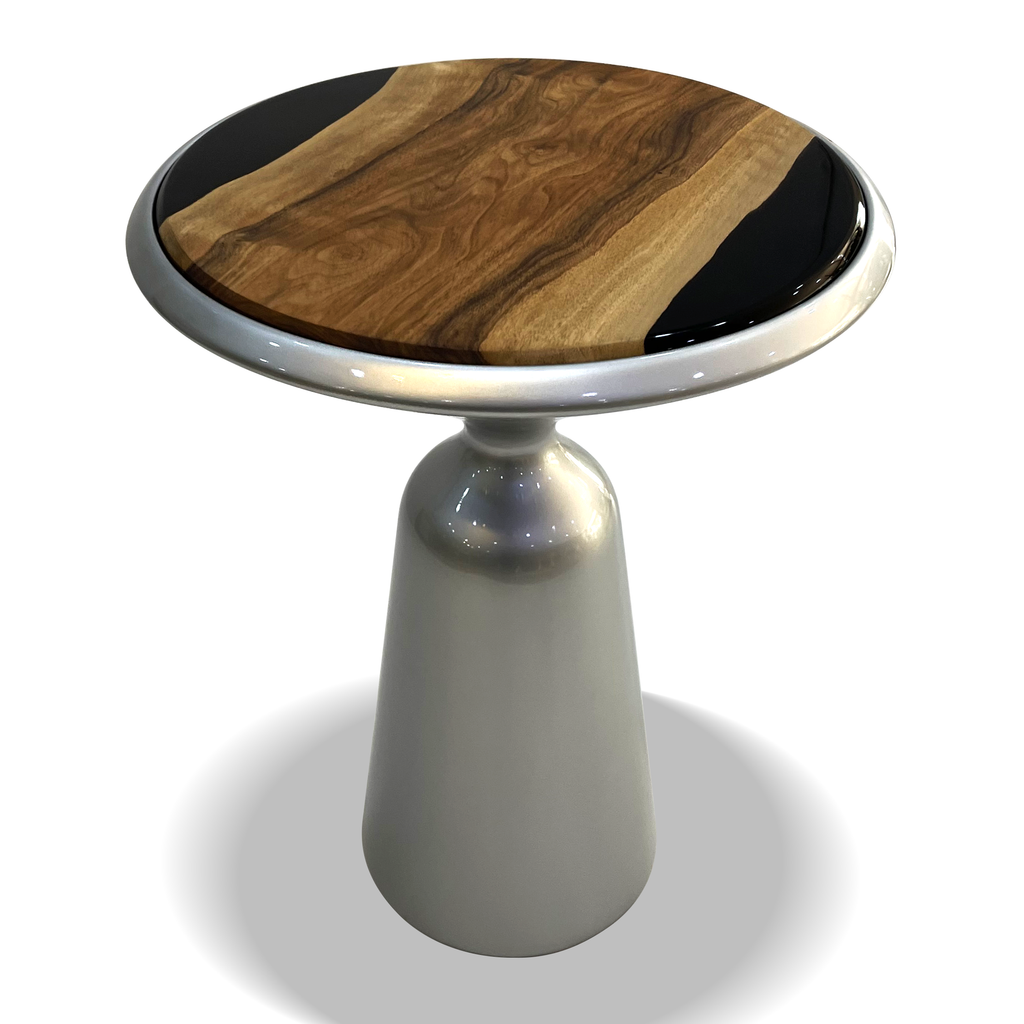 Elpenor Silver End Table with natural wood and black resin top and glossy silver bell-shaped base