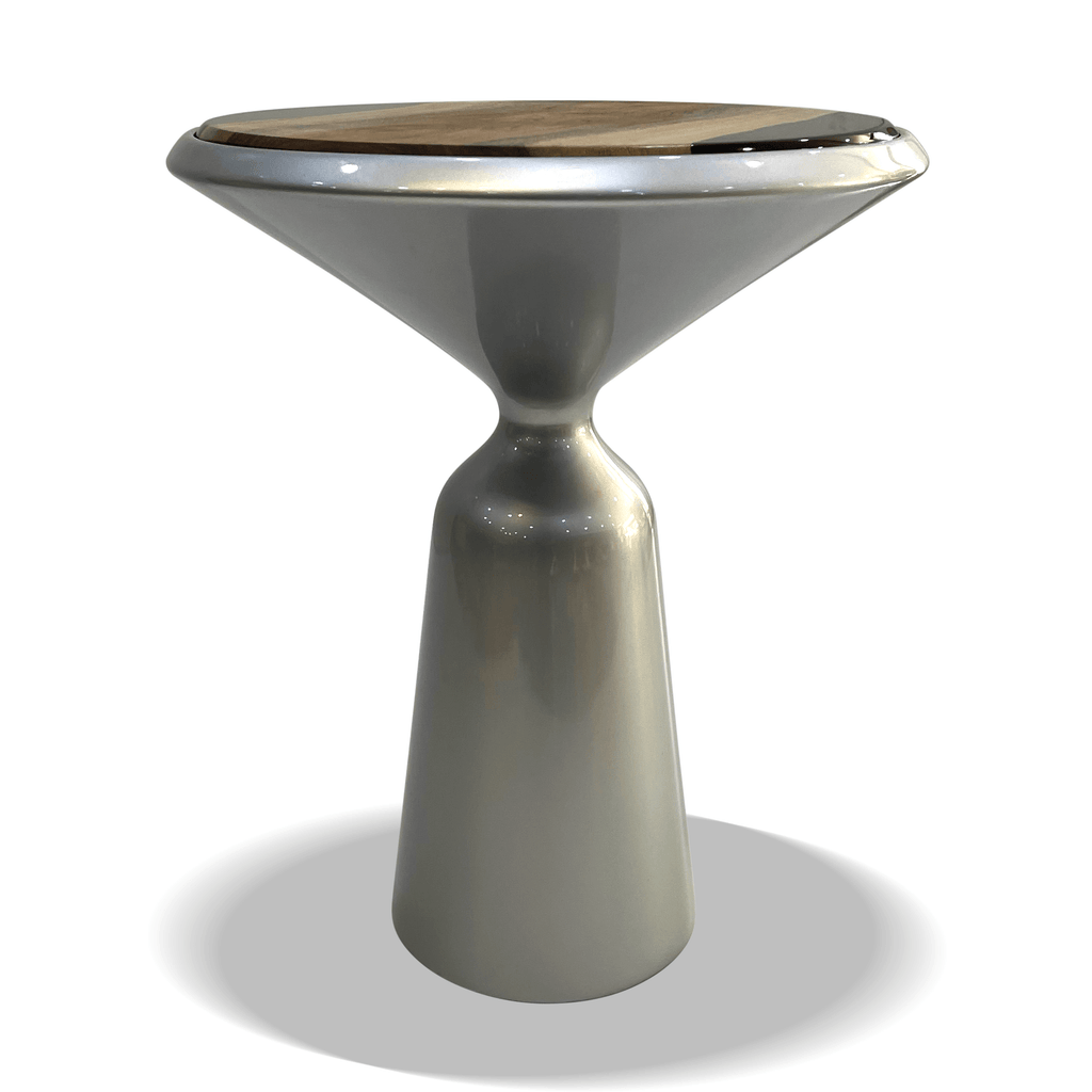 Elpenor Silver End Table with hourglass shape, light wooden top, glossy silver base