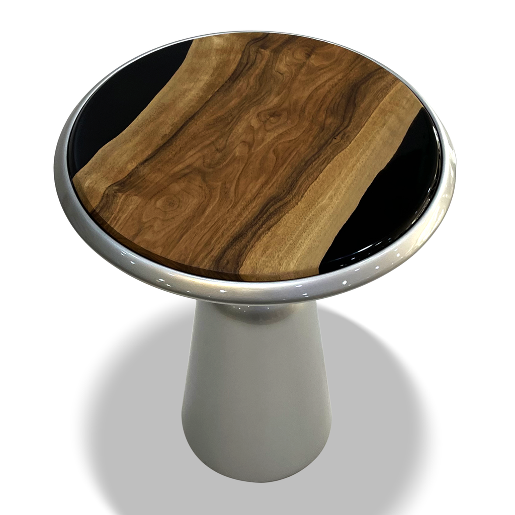 Elpenor Silver End Table with round wooden and black resin top and glossy white conical base