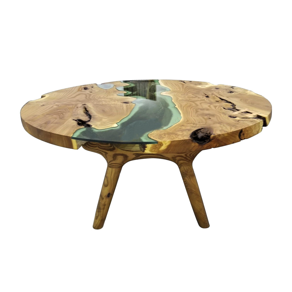Elysion Glass River Coffee Table with live edge wood and dark blue resin river inlay