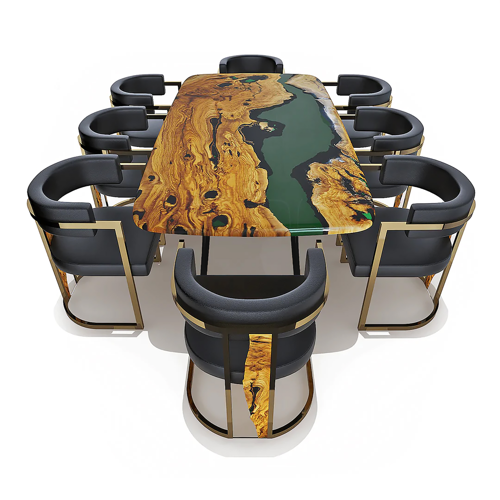 Elysion Green River olive wood dining table with green resin top and dark upholstered chairs