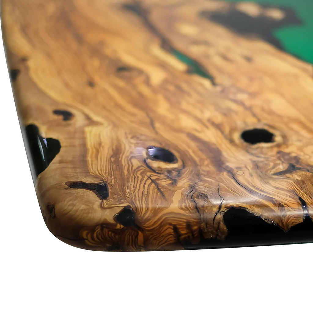 Polished Olive Wood Slab with Green River Resin for Elysion Green River Olive Table